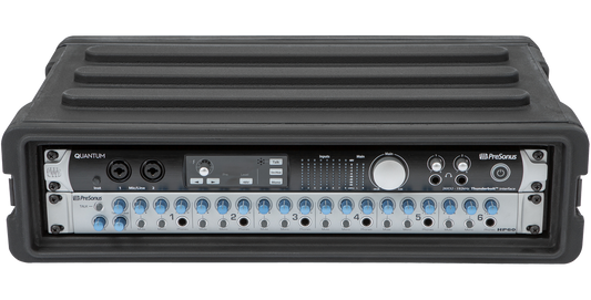 2U rSeries SKB Shallow Rack - Strong & Durable rack with mounted audio interface, ideal for secure pro-audio equipment setup in compact spaces.
