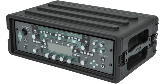 Angled view of 3U SKB Shallow Rack Series housing a Kemper Profiler, highlighting interlocking design and front access.