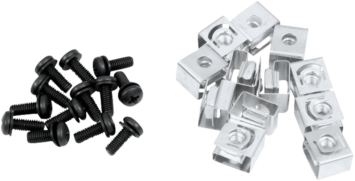 Rack Mount Hardware - Nuts and Bolts Kit includes black screws and silver nut retainers for secure rack installation in home or pro audio setups.