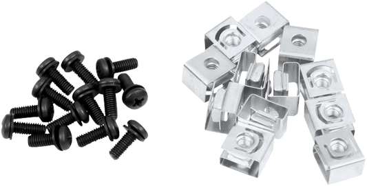 Rack Mount Hardware - Nuts and Bolts Kit includes black screws and silver nut retainers for secure rack installation in home or pro audio setups.