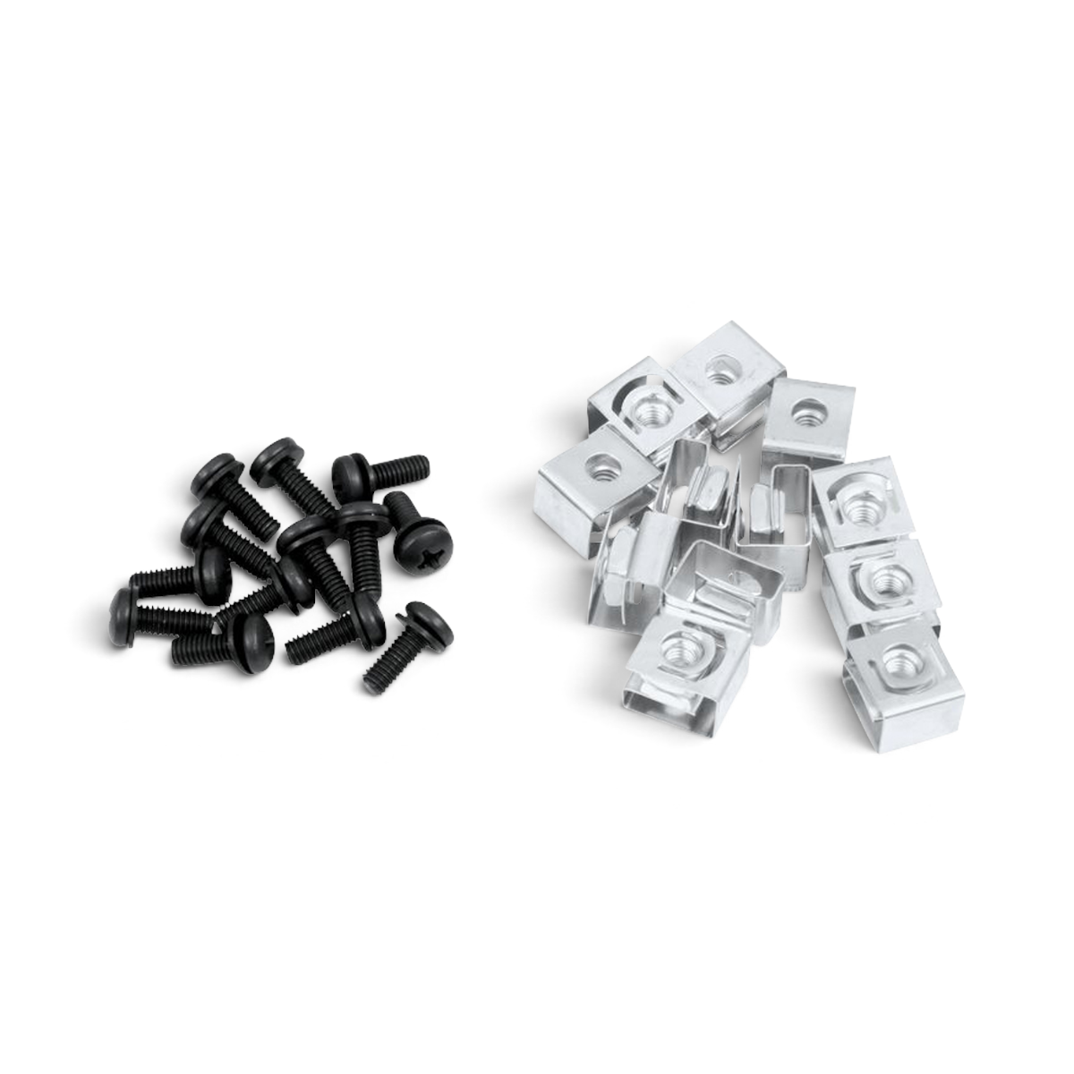 Rack Mount Hardware - Nuts and Bolts Kit includes black screws and silver nut retainers for secure rack installation in home or pro audio setups.