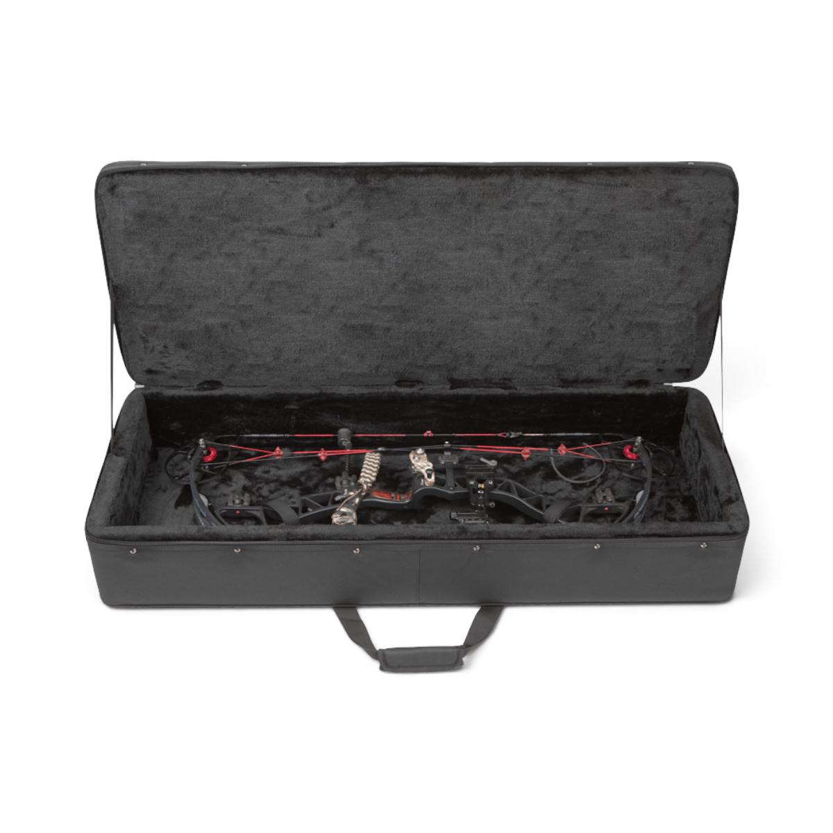 SKB Cases Hybrid 4115 medium bow case in black ballistic nylon with a plush interior holding a compound bow