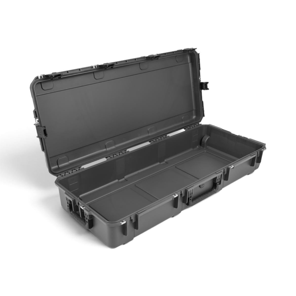 SKB Cases iSeries 4217-7 Overland waterproof storage case in charcoal grey with an open lid and durable latch system.