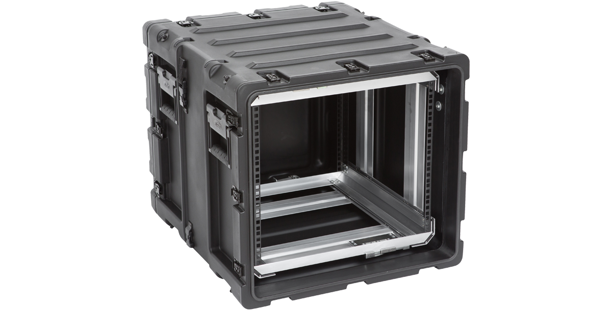 Angled view of 20-inch shock rack case with open front and visible internal rack system for mounting pro audio or electronic devices.