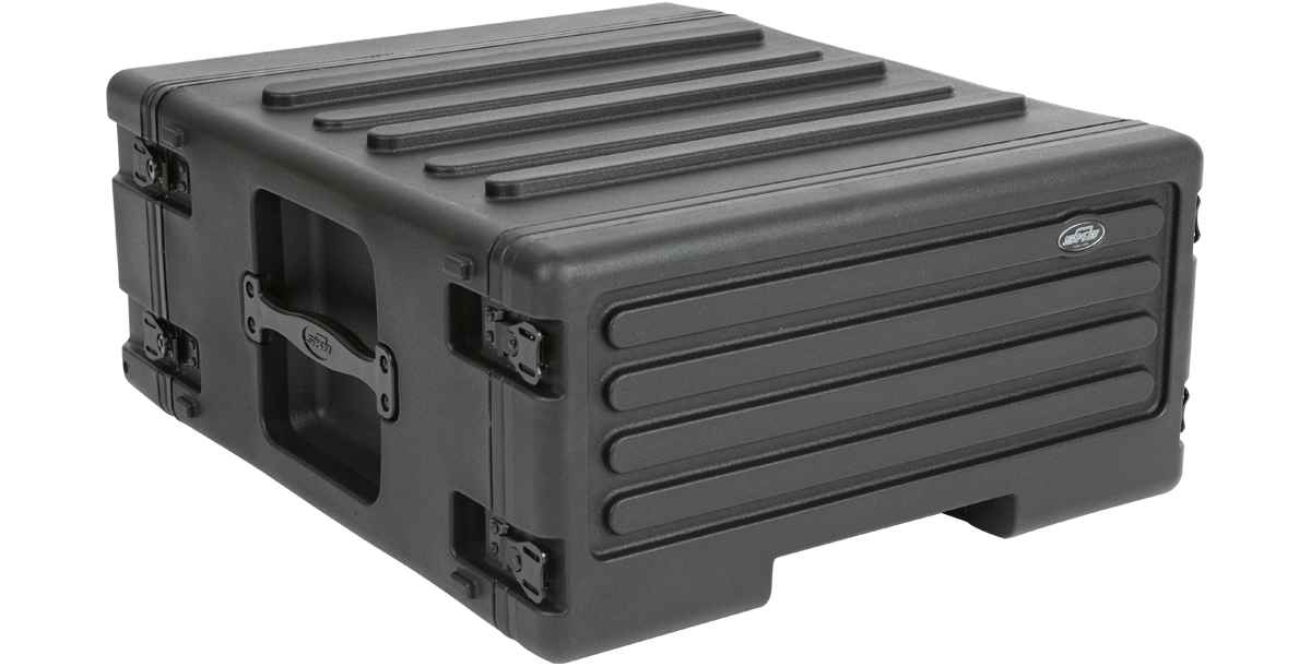 Back view of SKB 4U rSeries Roto Rolling Rack with closed lid, showing molded grooves for stacking and secure transport.