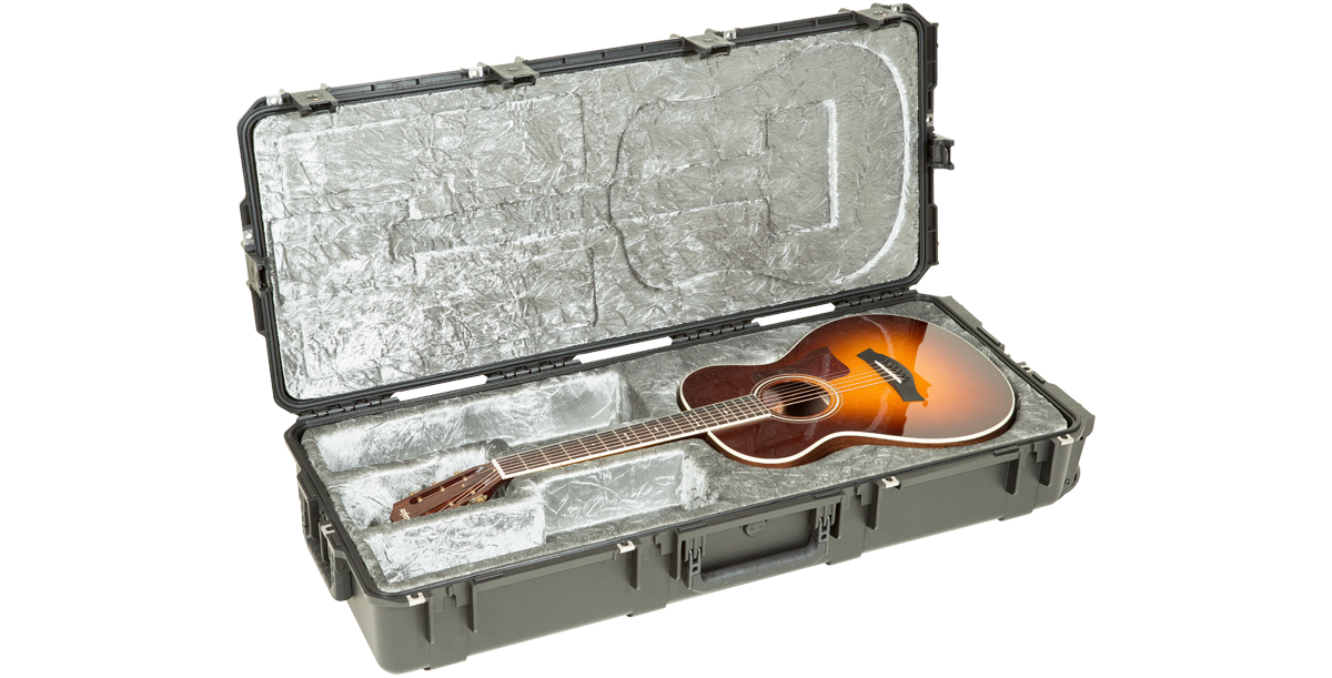 Secure and Waterproof iSeries Guitar Case with wheels and padded interior, showcasing acoustic guitar fit and protective compartments.