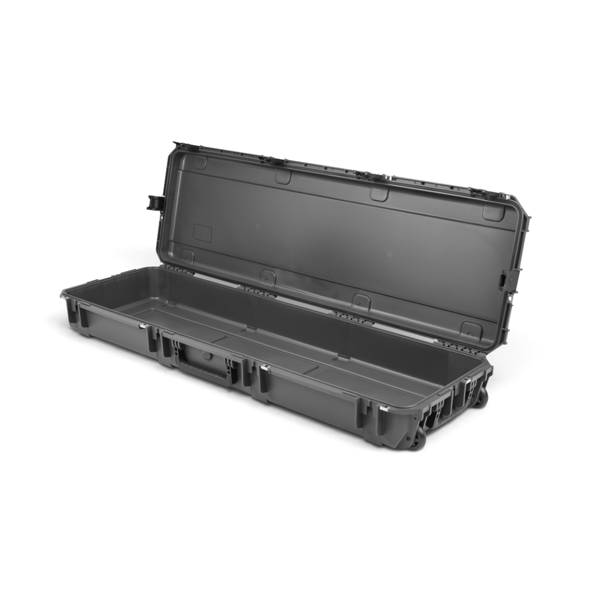 SKB Cases iSeries 5014-6 Overland waterproof storage case in charcoal grey with an open lid and durable wheels.