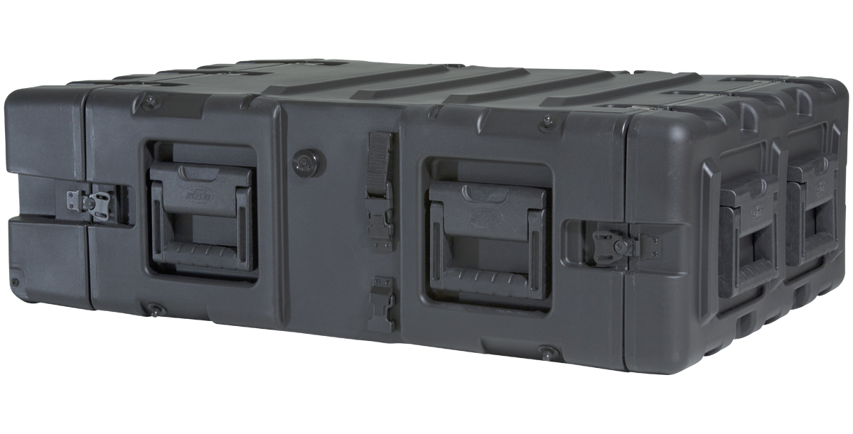 Angled view of 24-Inch Shockproof Rack Case showing dual handles and impact-resistant shell. Ideal for transporting sensitive electronics.
