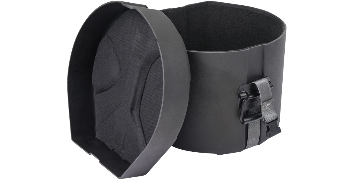 Interior view of SKB Drum Package cylindrical case with foam lining for tom drum safety and snug fit.