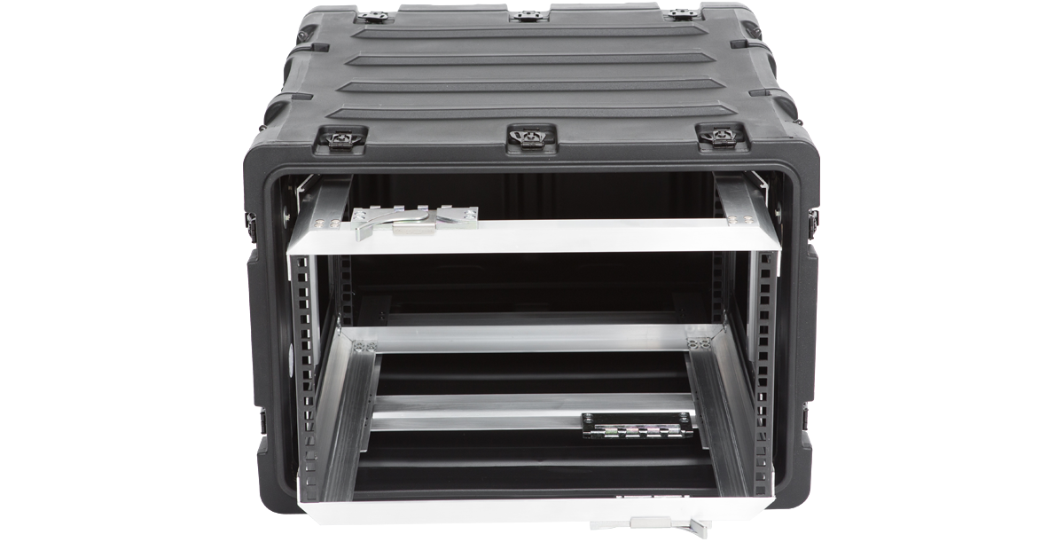 Front view of 6U RR Series Rack - 20-inch Deep Shock Rack with open frame, ideal for protecting sensitive electronic gear.