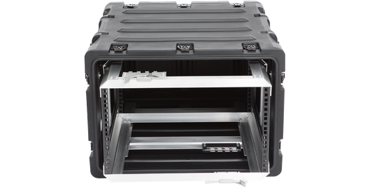 Front view of 6U RR Series Rack - 20-inch Deep Shock Rack with open frame, ideal for protecting sensitive electronic gear.