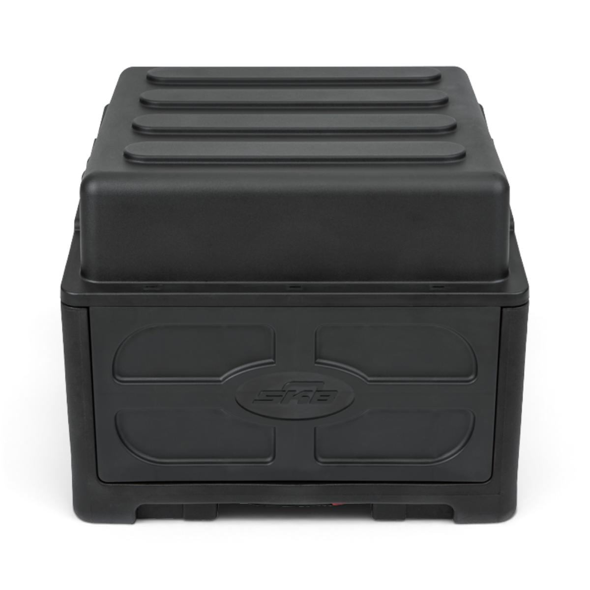 Closed rolling compact rig with reinforced lid and molded shell. Durable and secure for transporting 10U and 4U rack-mounted gear.