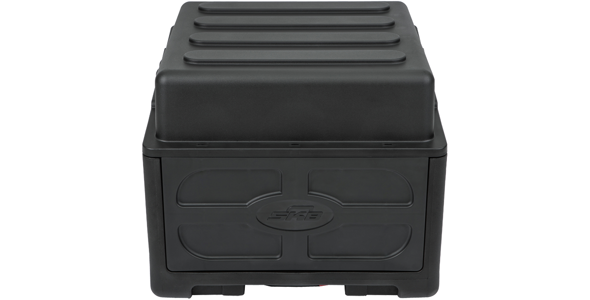 Closed rolling compact rig with reinforced lid and molded shell. Durable and secure for transporting 10U and 4U rack-mounted gear.
