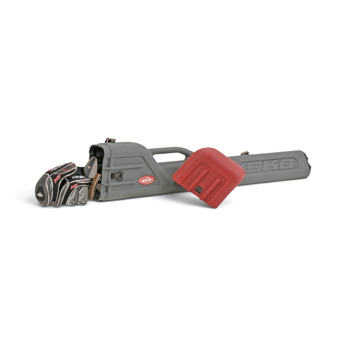 SKB Cases Roto Sunday golf travel case in grey with a red lid, holding golf clubs, featuring a durable plastic shell.