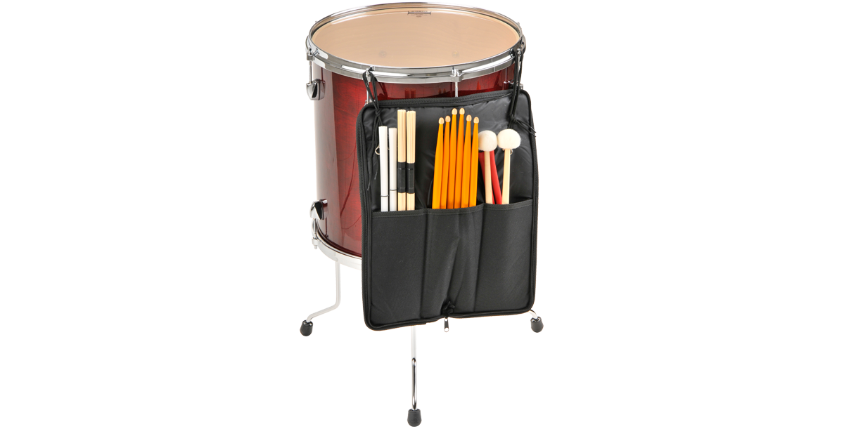 SKB Drum Stick Bag attached to a floor tom, displaying easy access to drumsticks and mallets during performance or practice.