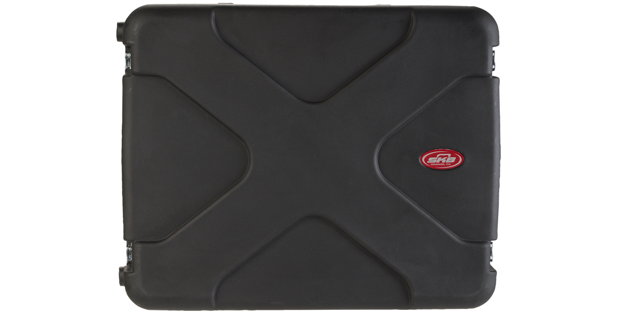 Front-facing view of 20-inch rSeries Shock Rack with molded X-pattern lid and SKB logo, designed for shock protection and durability.