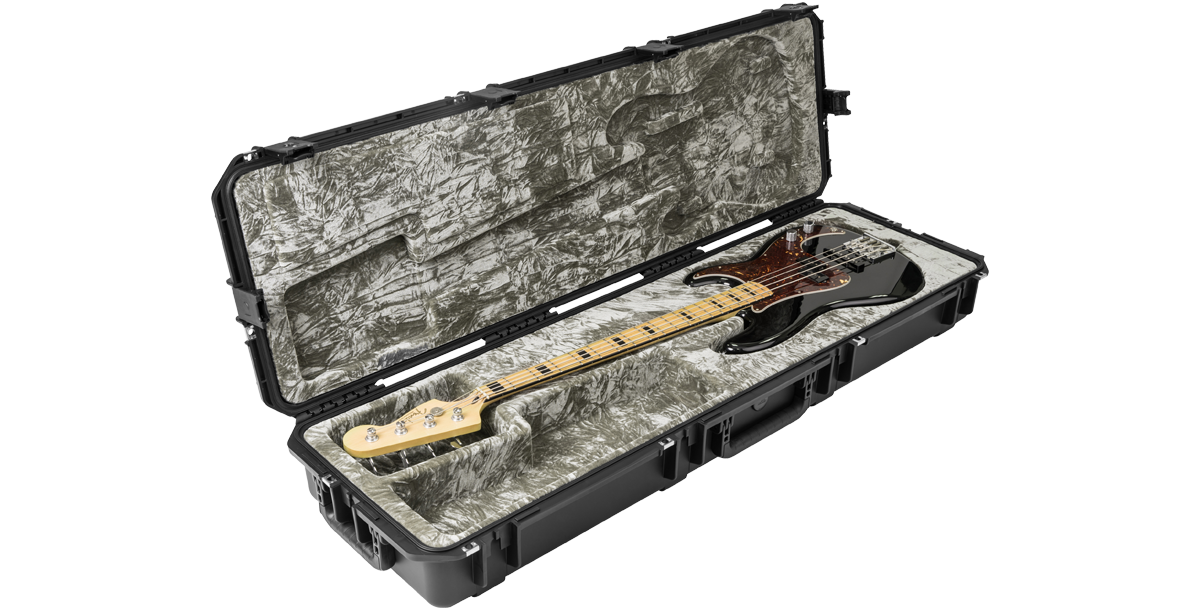 Waterproof Bass Guitar Case open with Precision/Jazz bass inside, showcasing plush molded interior and TSA latches for secure fit and protection.