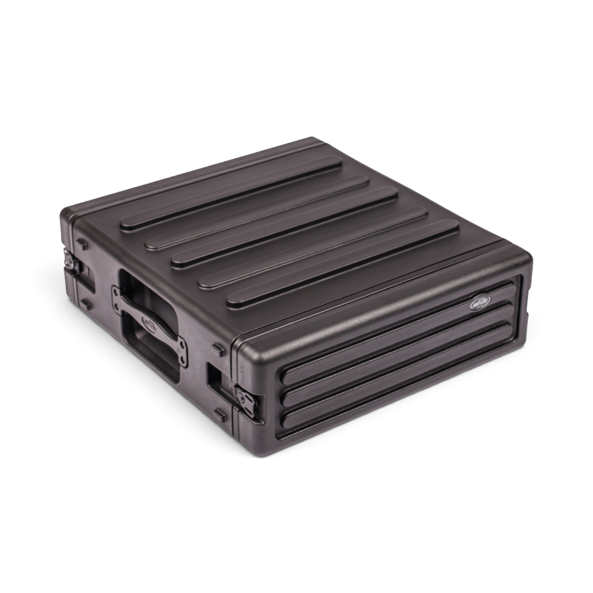 Top angled view of 3U rSeries Rack - 3U rack case with molded ribs and side handle, ideal for stacking and rugged use.