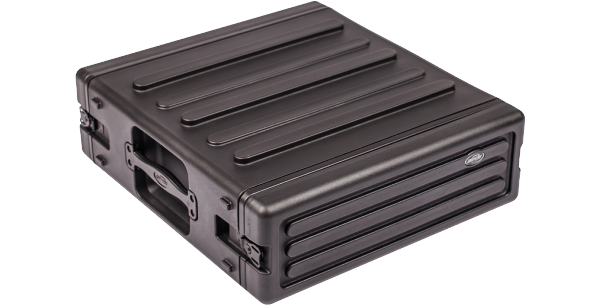 Top angled view of 3U rSeries Rack - 3U rack case with molded ribs and side handle, ideal for stacking and rugged use.