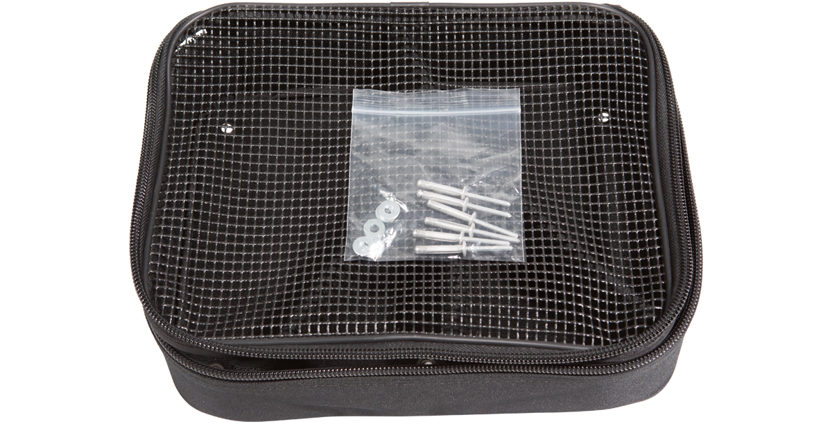Caster Storage Bag with included mounting hardware in plastic pouch, visible through mesh top for easy access.