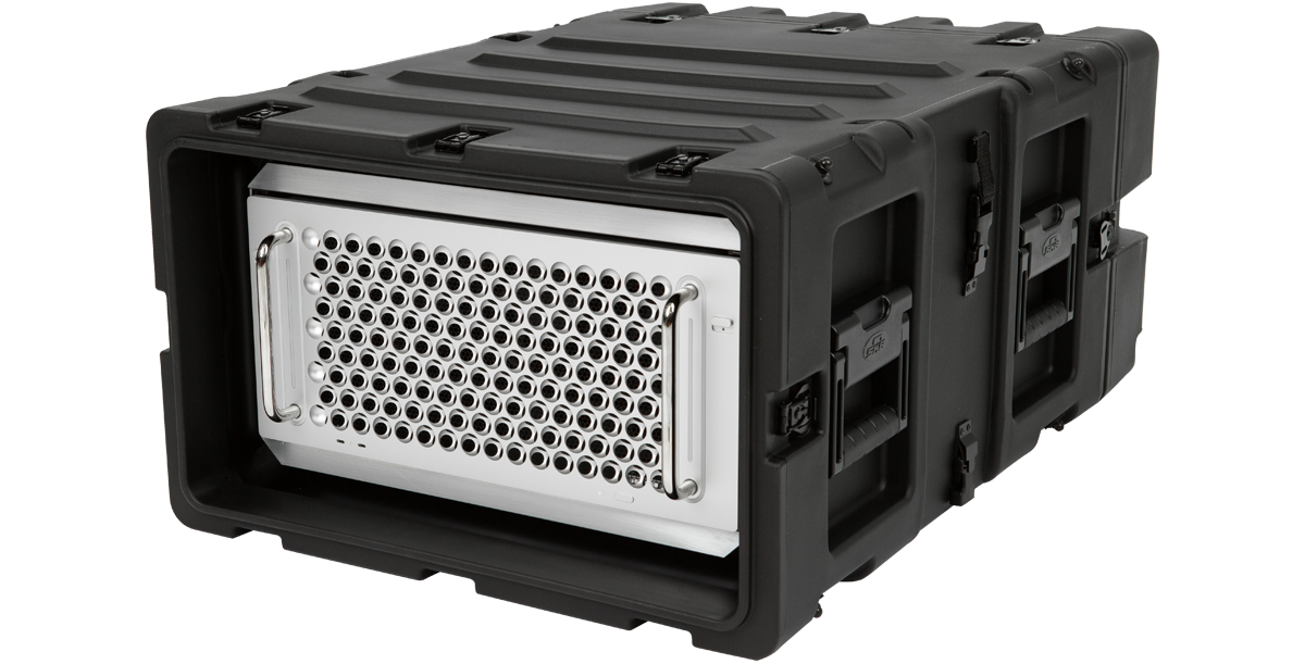 Angled front view of 5U 24-inch deep shock rack case with Mac Pro inside. Durable and lightweight for pro audio and electronic gear.