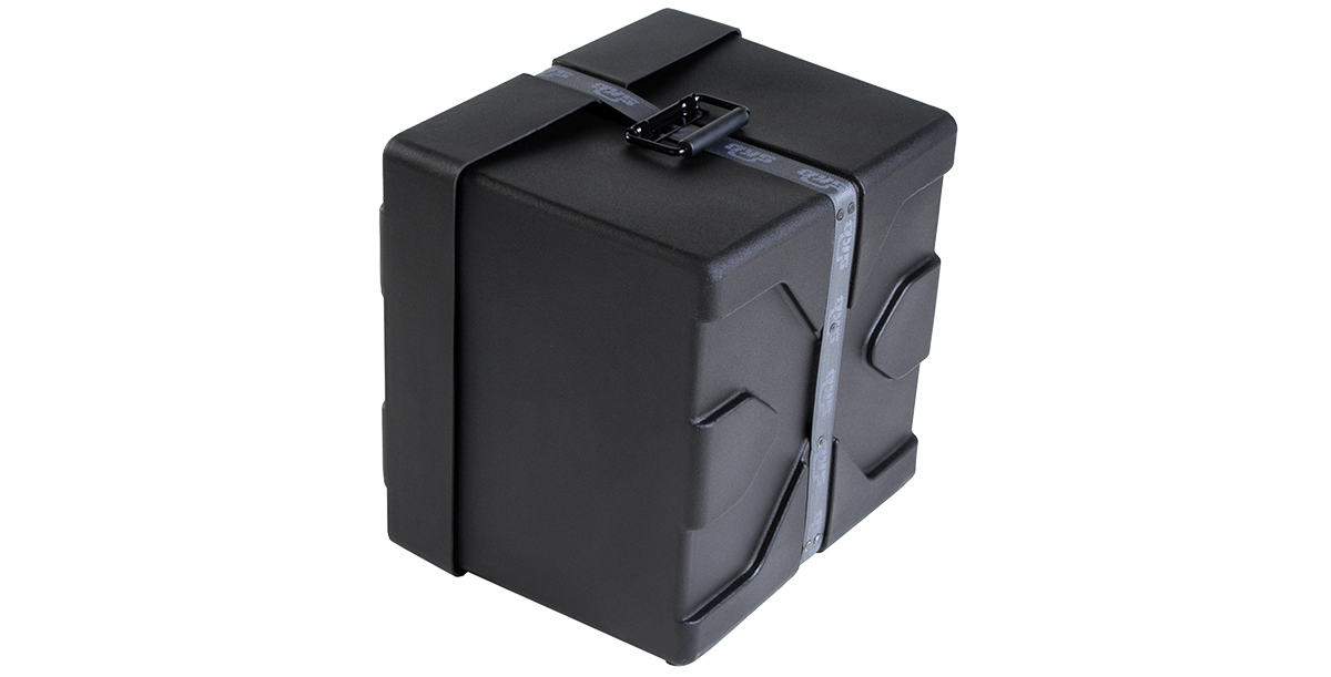 Angled view of 12 x 14 marching snare drum protective case showing rugged Roto-X pattern and reinforced strap for secure closure.