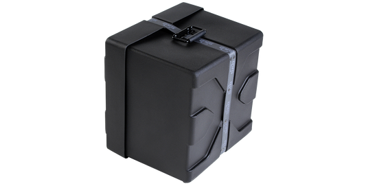 Angled view of 12 x 14 marching snare drum protective case showing rugged Roto-X pattern and reinforced strap for secure closure.