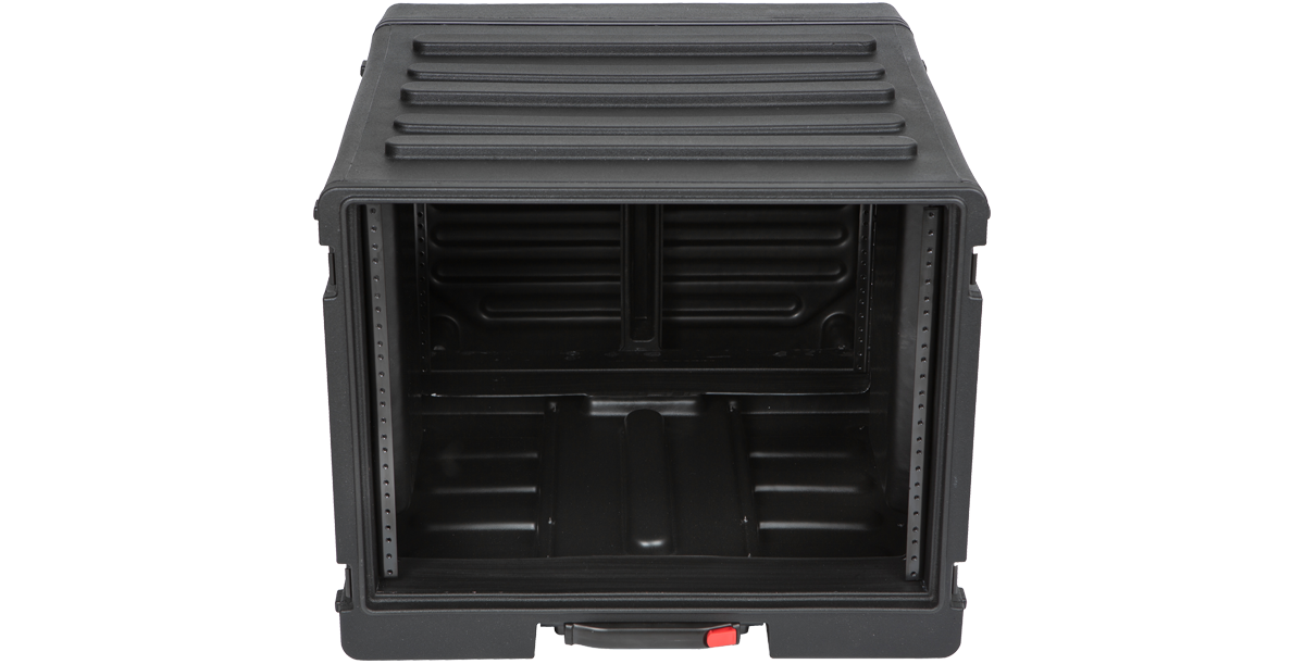 Rear view of empty 8U SKB Rolling Rack showing deep interior space and durable roto-molded shell for secure equipment housing.