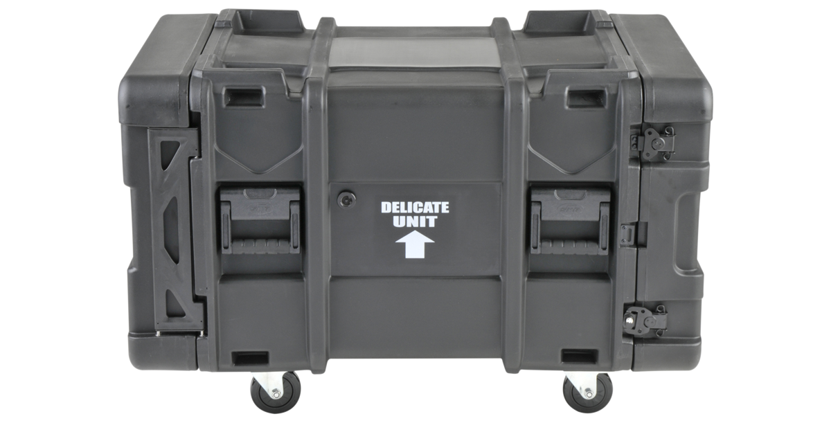 Closed 30-inch Shock Rack - 8U with 'Delicate Unit' label, rugged wheels, and MIL-SPEC sealed design for secure IT equipment transport.