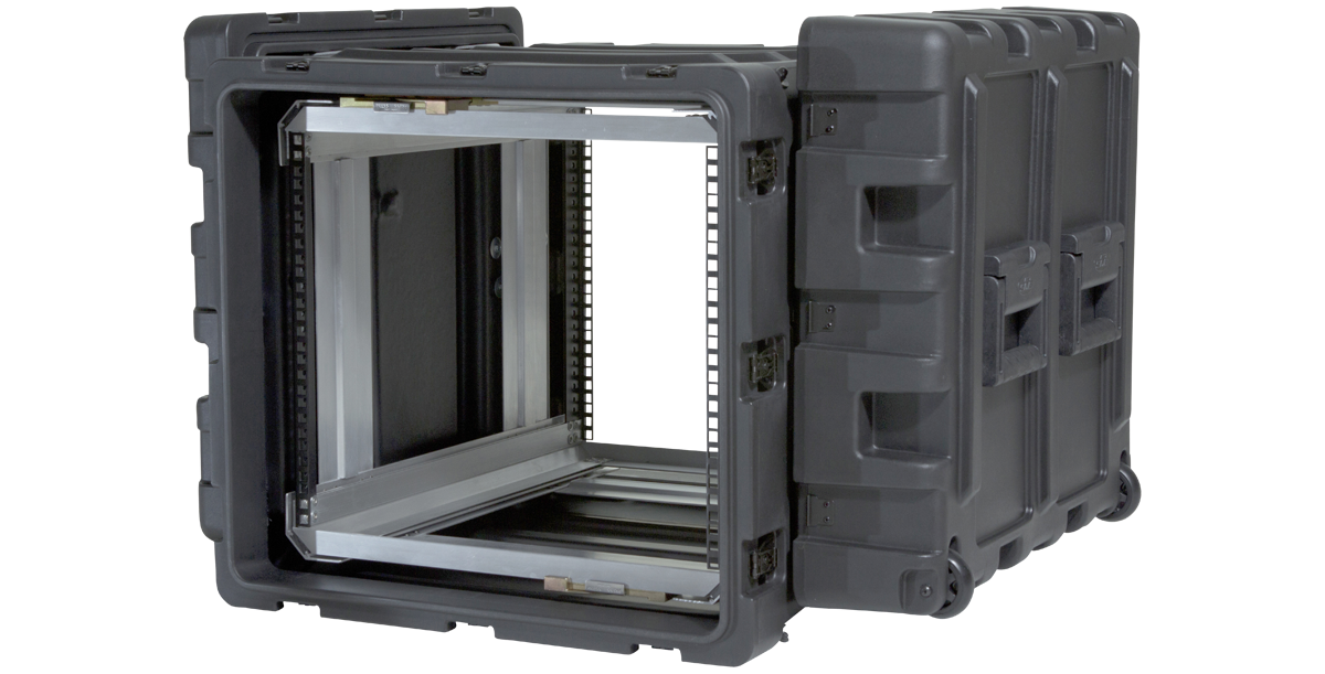 Angled view of 24-Inch Shockproof Rack Case showing internal aluminum frame and rugged outer shell for pro audio and electronics gear.