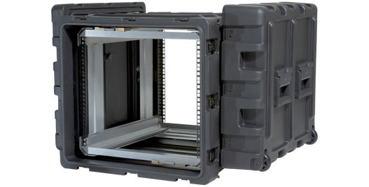 Angled view of 24-Inch Shockproof Rack Case showing internal aluminum frame and rugged outer shell for pro audio and electronics gear.
