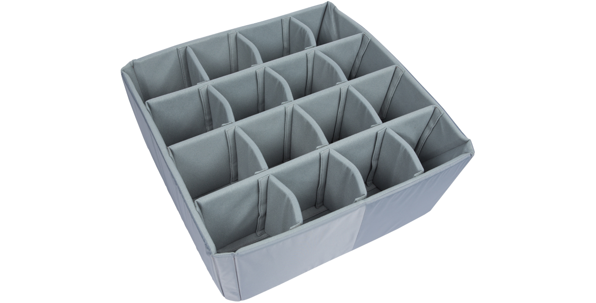 Angled view of Think Tank iSeries 2424-10 Divider Set with durable foam and Nylex dividers for adaptable storage in vacuum accessory kits.