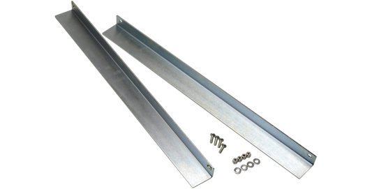 28 inch support rails for shock racks made of zinc plated steel, shown with mounting hardware for rack case installation.