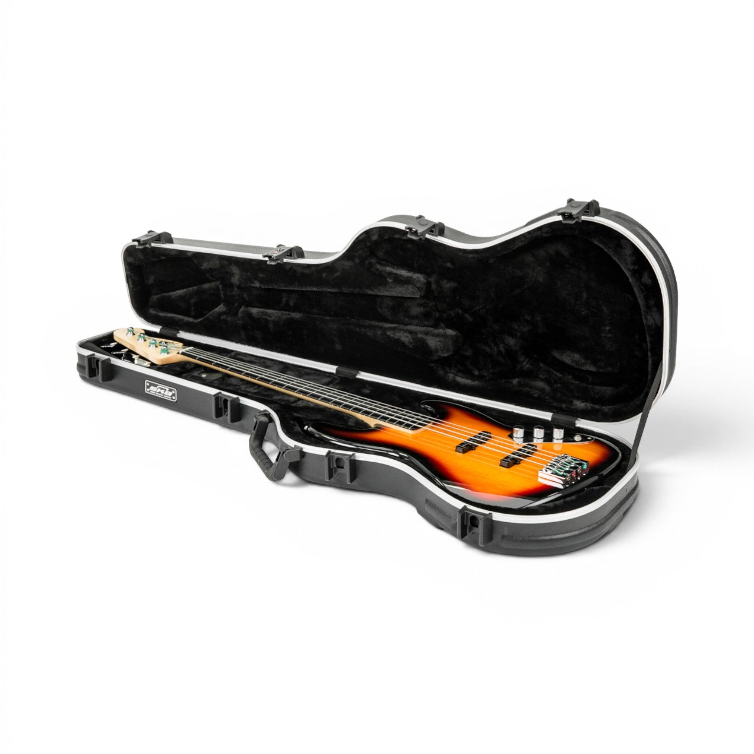Angled view of Precision Jazz Bass Case - TSA Lock Protection with bass guitar inside, highlighting interior padding and contoured design.