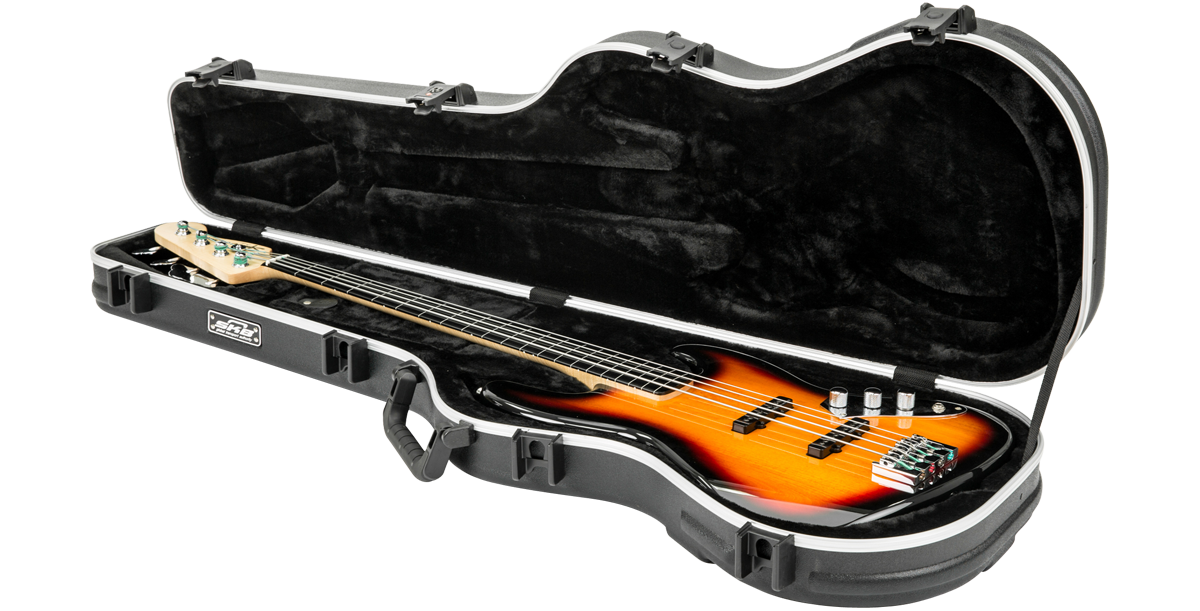 Angled view of Precision Jazz Bass Case - TSA Lock Protection with bass guitar inside, highlighting interior padding and contoured design.
