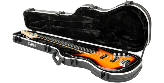 Angled view of Precision Jazz Bass Case - TSA Lock Protection with bass guitar inside, highlighting interior padding and contoured design.
