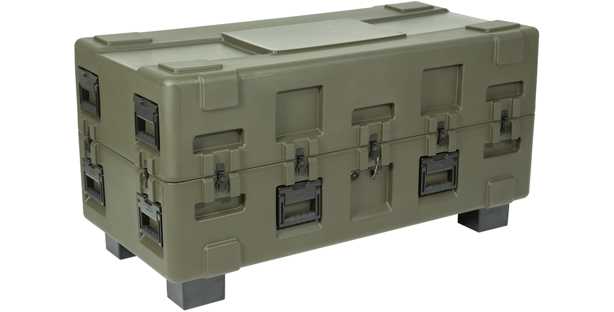 Angled view of 3R Series case with 3R Forklift Riser Kit installed, elevating the case for pallet jack access.