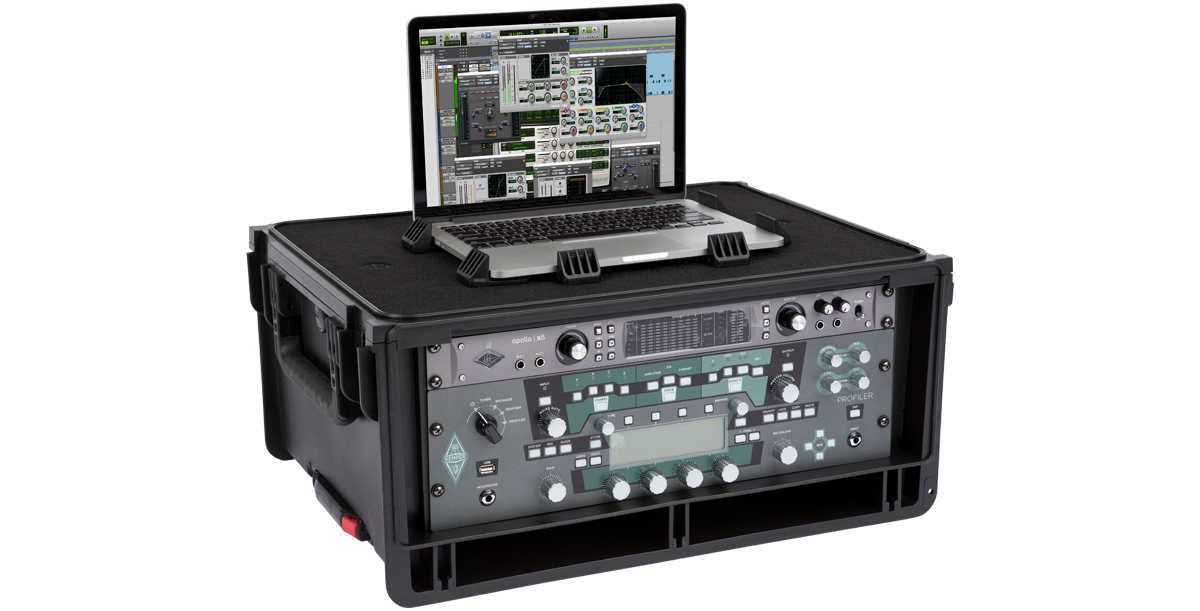 4U Injection Molded Studio Rack Case with mounted audio gear and laptop, showcasing durable design for professional use.
