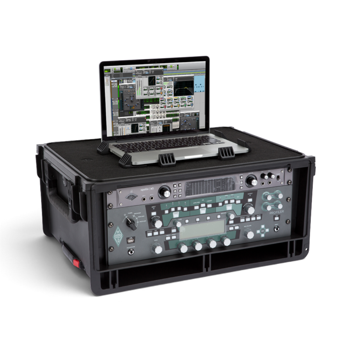 4U Injection Molded Studio Rack Case with mounted audio gear and laptop, showcasing durable design for professional use.