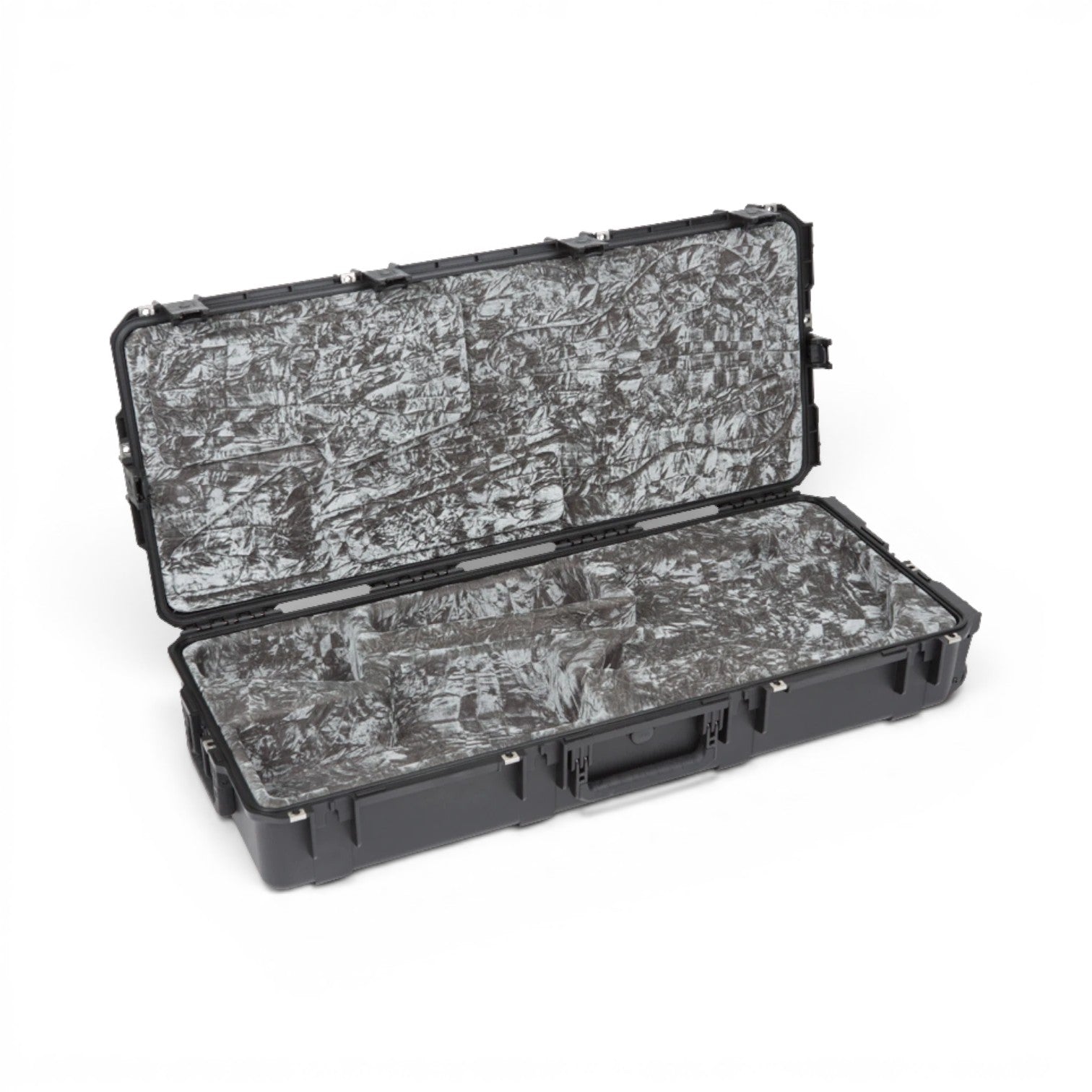 Empty SKB iSeries waterproof case for Jaguar Jazzmaster guitars, highlighting molded foam interior and reinforced latches.