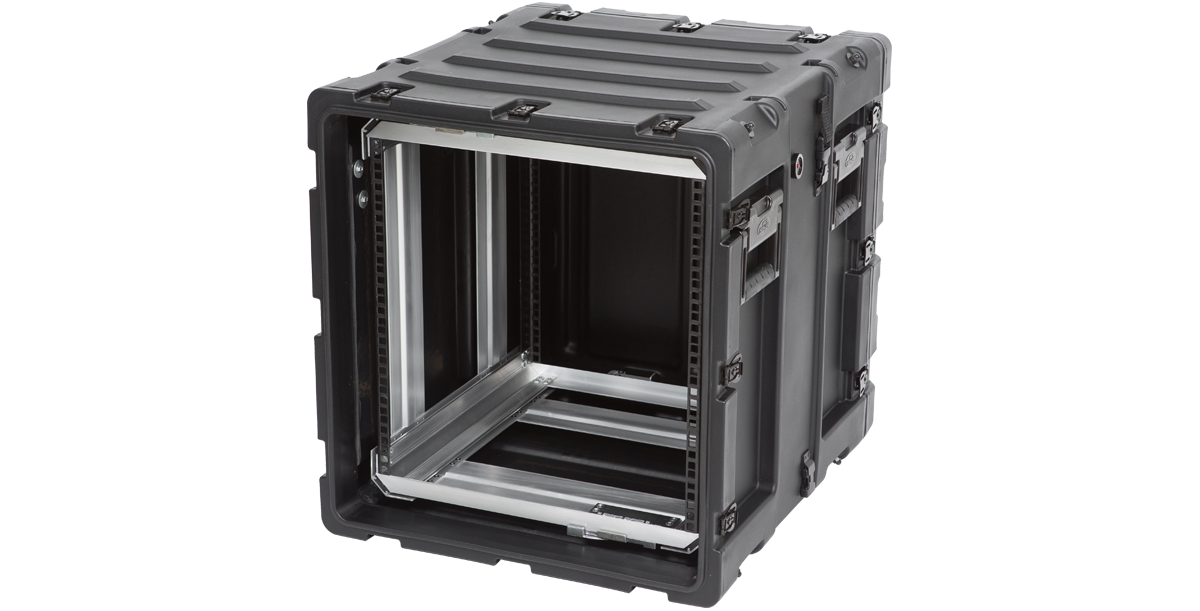 Angled front view of 11U 20-inch shockproof rack, built for durability and protection during transport of audio or IT equipment.