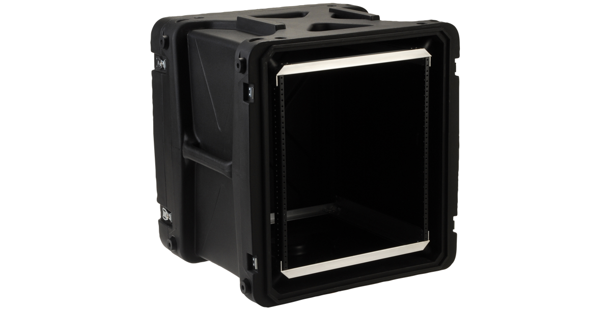 Open front view of shock-resistant 20-Inch rack case with deep interior for mounting sensitive electronics and audio gear.