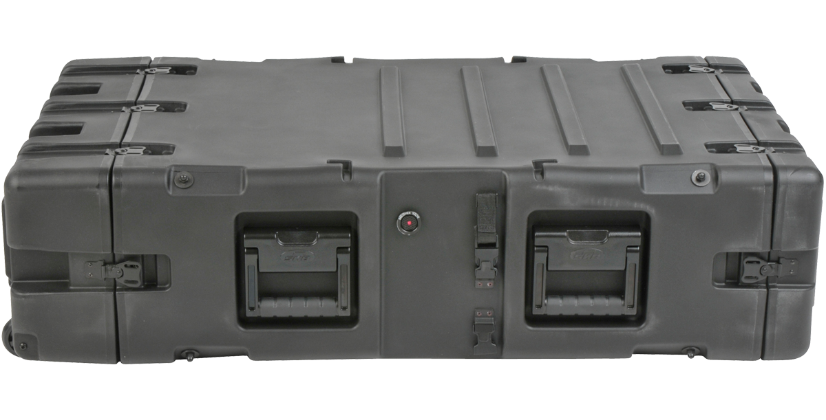 Front view of SKB 3U 30-inch Shock Rack Case with dual handles and watertight latches, ideal for protecting sensitive electronics.