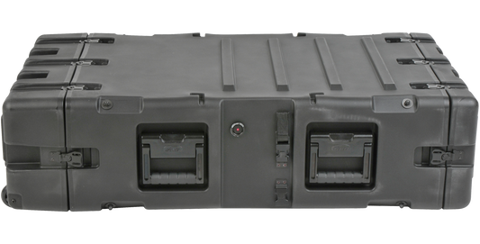 Front view of SKB 3U 30-inch Shock Rack Case with dual handles and watertight latches, ideal for protecting sensitive electronics.