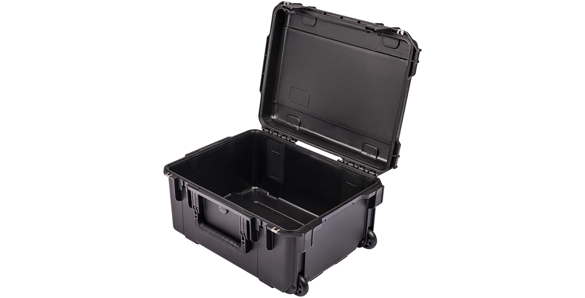 Angled view of open iSeries 2015-10 Case - Waterproof Case, showcasing deep interior for organizing vacuum or camera accessories.