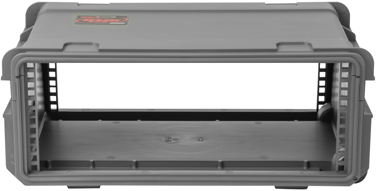 Front-facing view of compact injection molded 11” rack with 4U capacity, ideal for lightweight and secure equipment transport in tight spaces.