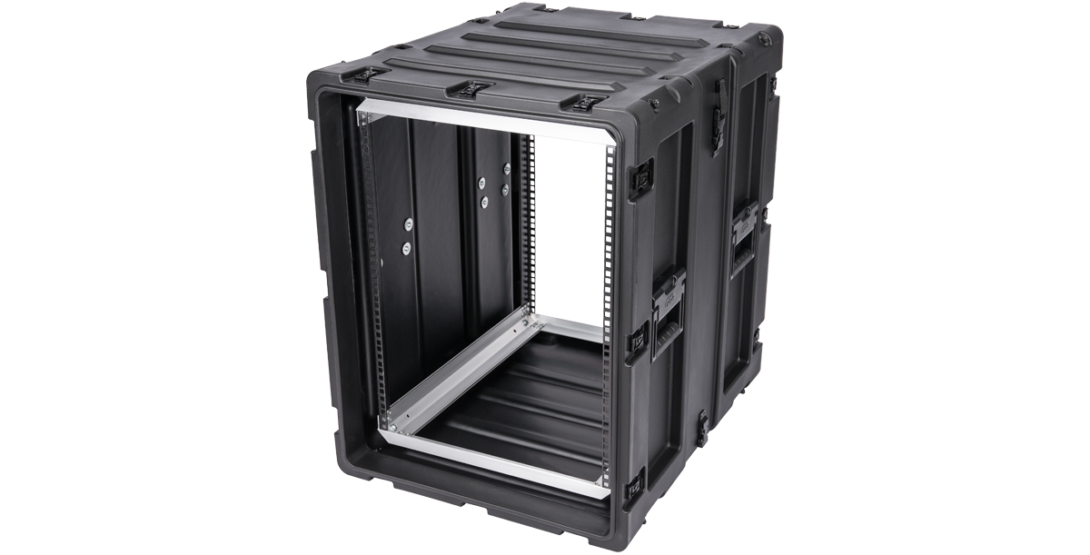 Angled front-left view of 24-Inch Shockproof Rack Case - Electronics Protection, showing reinforced corners and internal mounting rails.