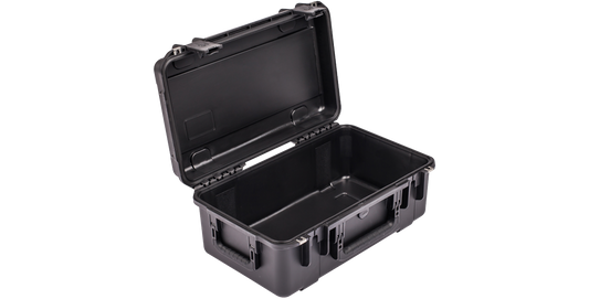 Open iSeries 2011-8 waterproof carry-on case showing empty black interior, ideal for secure transport of gear. MIL-STD 810H rated for durability.