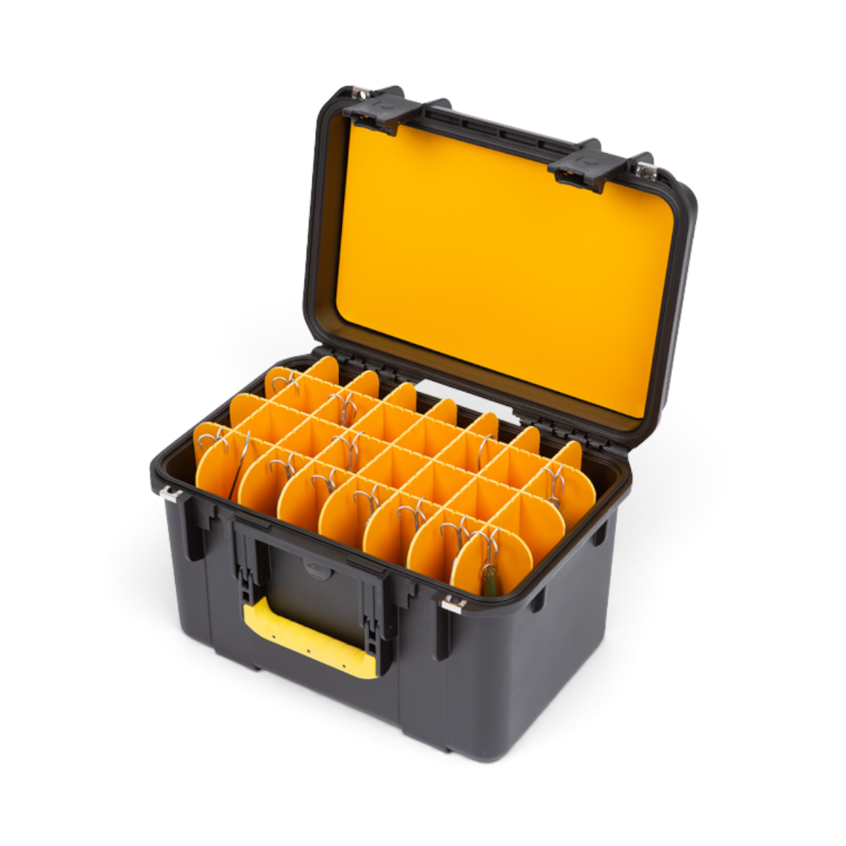 SKB Cases iSeries 1610-10 waterproof lure case in black with yellow interior dividers and handle