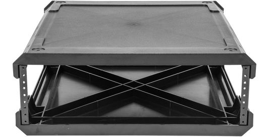 3U injection molded rack frame 20” deep with threaded steel rack rails and rubber feet, ideal for modular flyRack setups and studio use.